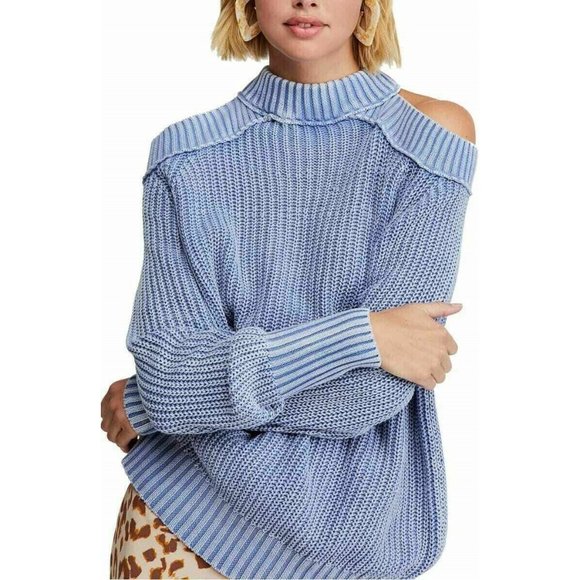 Free People Sweaters - Free People Light Blue Half Moon Cold Shoulder Sweater Medium